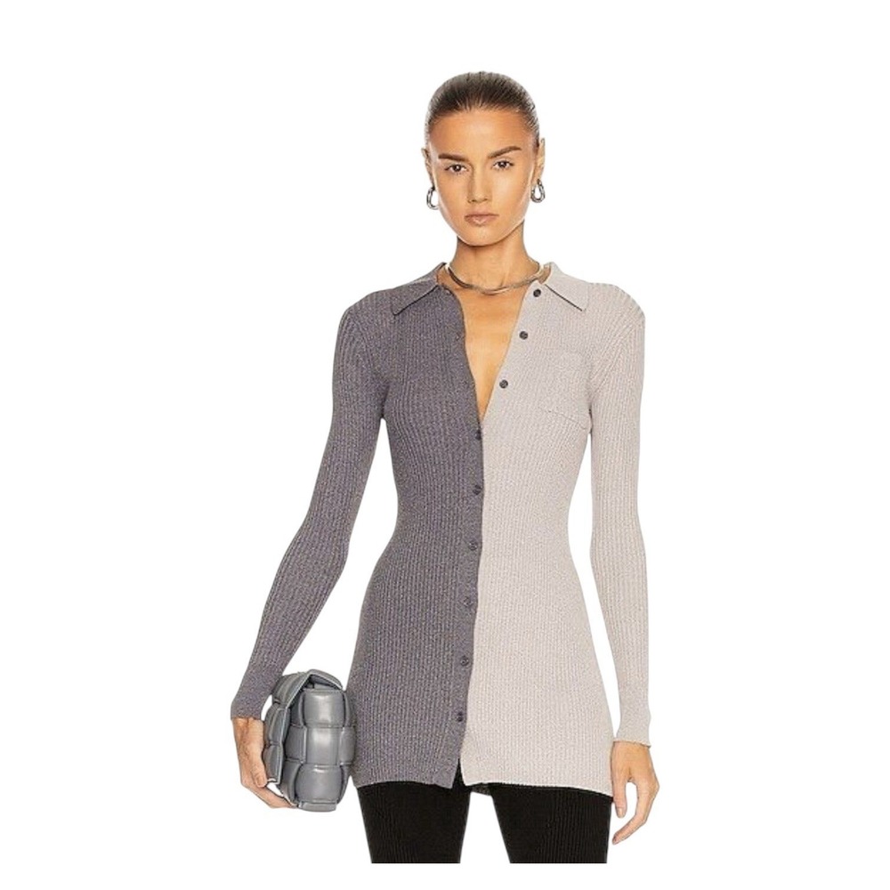 STAUD Milton TOP women's Small Gray Color Blocked Long Sleeve Stretch Button